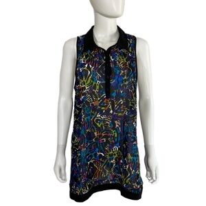 Nicole Miller Black Ploy Multi-Colored Abstract Design Sleeveless Tunic Blouse